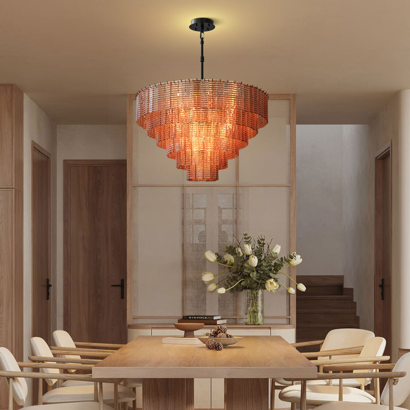  Avicia Modern 18-Lights Tiered Amber Glass Black Chandelier for Staircases Living Room Hallway Entryway, Matte Black