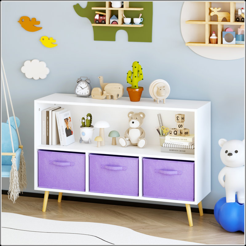 Bibliothèque pour enfants avec tiroirs en tissu pliables, présentoir à livres et armoire de rangement pour jouets, blanc / mauve