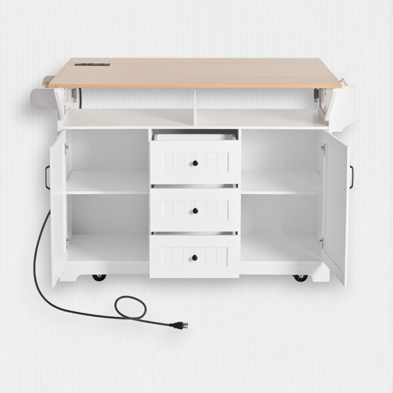 55.7" W Wood Kitchen Island with Drop Leaf, White