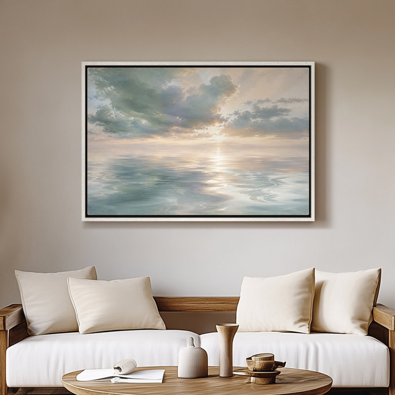 Art mural sur toile encadrée - Coucher de soleil océan doux avec des tons bleus et dorés - 24 po x 36 po, 24" H x 36" W