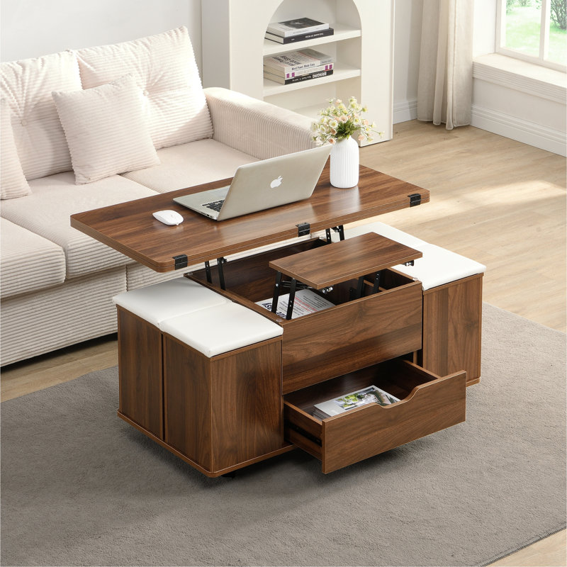 Table basse multifonctionnelle à plateau relevable avec rangement et tabourets cachés, Blanc, Noyer