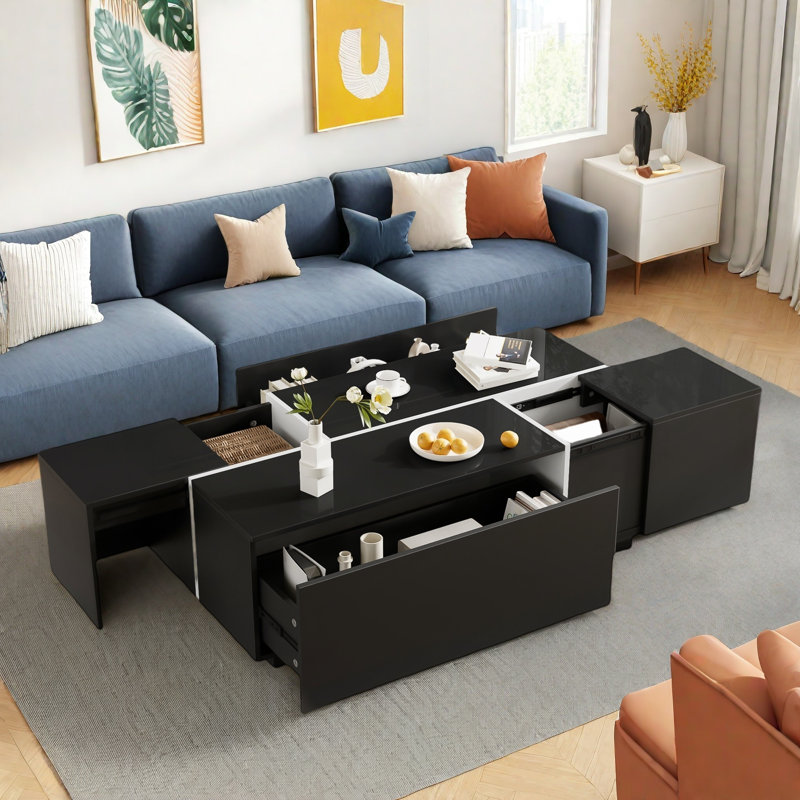 Table basse extensible avec finition ultrabrillante, 2 espaces de rangement cachés, 2 tiroirs et bords contrastants, Noir