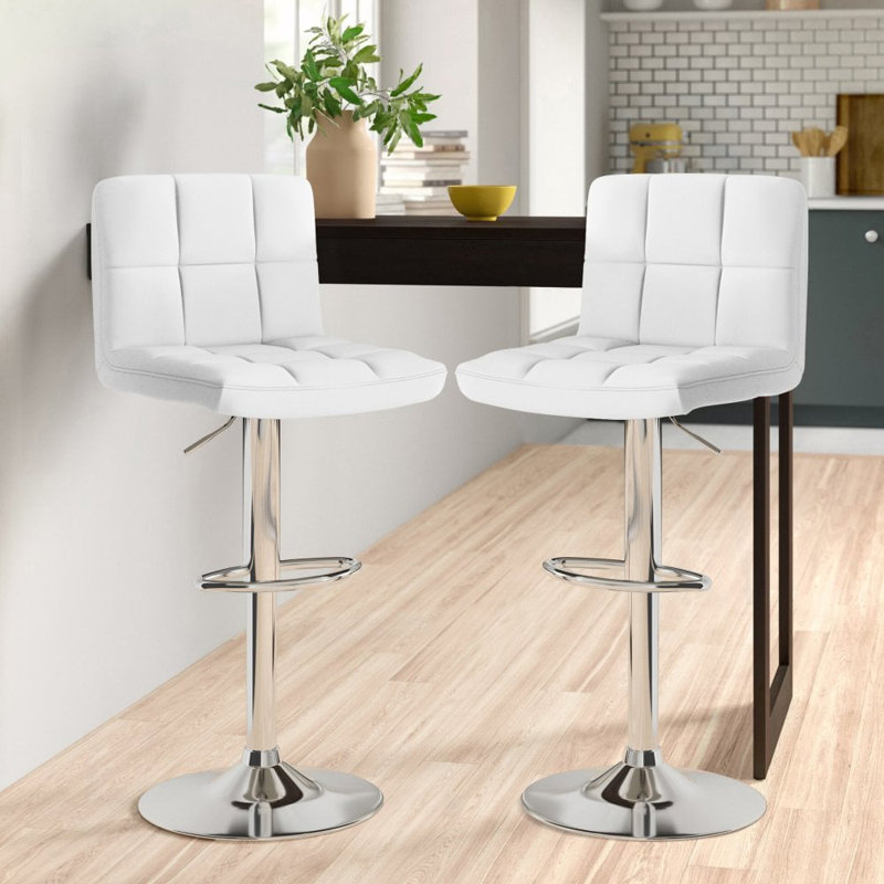 Shayna Swivel Upholstered Adjustable Height Counter Stool with Metal Frame, White, Silver