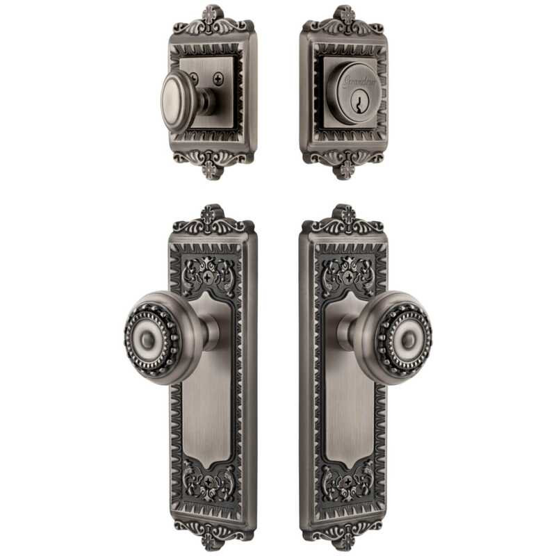 Grandeur Windsor Long Plate Entry Set with Parthenon Knob in Antique Pewter, 2.375", Antique Pewter