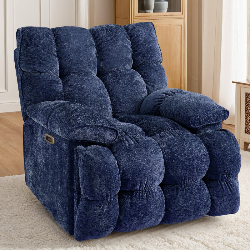 Oversized Manual Recliner Chair with Swivel Frame, Chenille Fabric, and Wooden Backrest - 38.87 Inch Wide, Navy