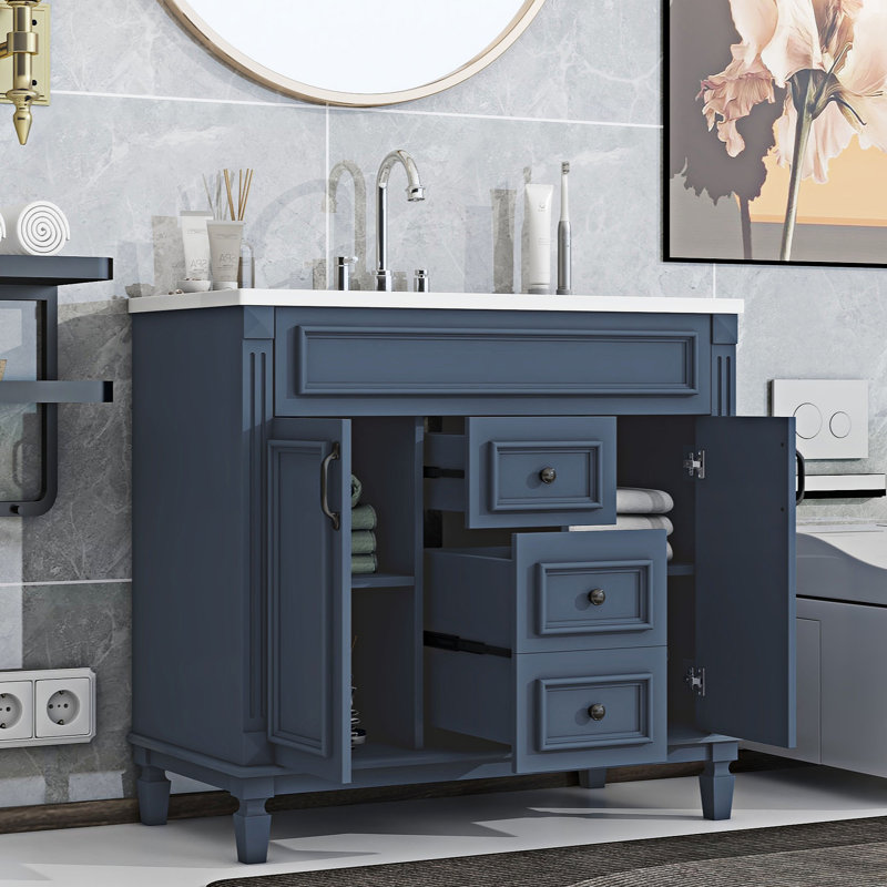 Deshonte Bathroom Vanity with Top Sink Modern Bathroom Storage Cabinet with 2 Doors and 2 Drawers, Blue