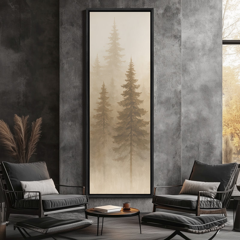 «Misty Evergreen Forest Layers», grande impression sur toile encadrée pour chambre principale, Noir