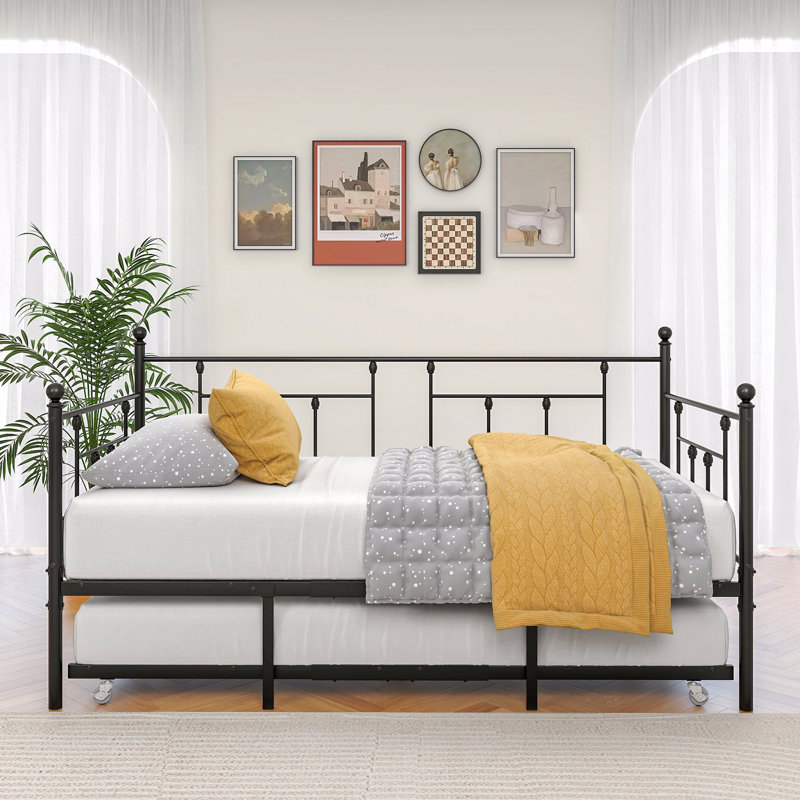 Twin Size Daybed Metal Frame With Trundle Set, Twin Day Bed Sofa, Daybed And Roll Sofa Bed For Guest Room, Bedroom, Living Room, Victorian Style