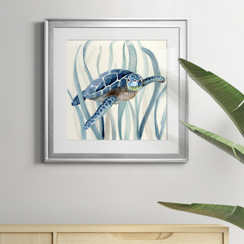 «Turtle in Seagrass I», reproduction d'art sur toile encadrée, Papier avec cadre argenté, H 17,5 po x l 17,5 po x P 1,5 po