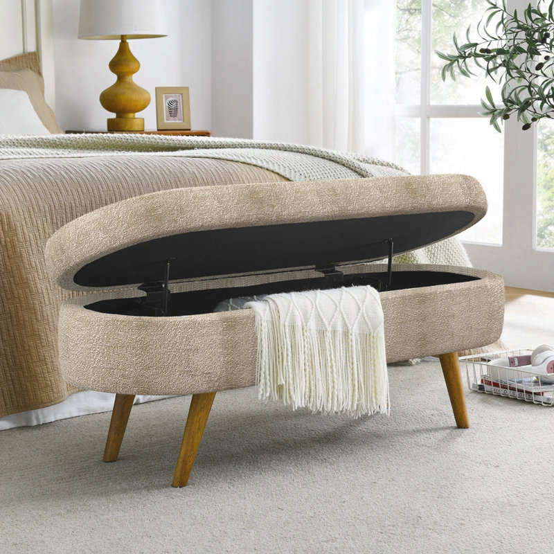 Banc de rangement repose-pieds ovale, pieds en bois d'hévéa, Brun