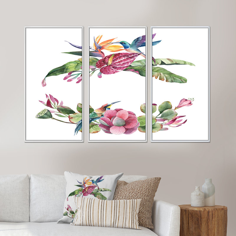 «Spring Bouquet With Pink Flowers III», ensemble de 3 impressions sur toile, Cadre blanc, H 32 po x l 48 po x P 1 po
