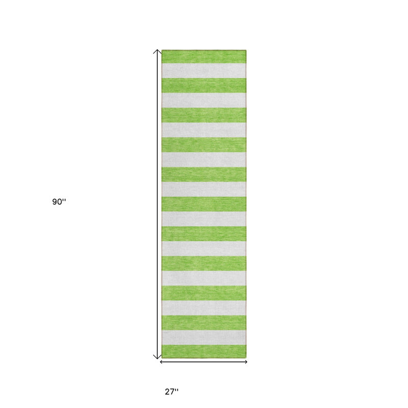 2' X 8' Lime Green and White Striped Washable Indoor Outdoor Runner Rug