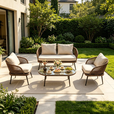 4-person Outdoor Wicker Patio Conversation Seating Set With Coffee Table, Cushions