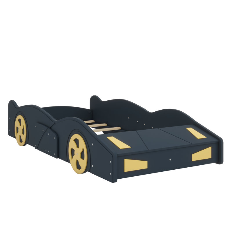 A Racing Car-Inspired Platform Bed With Built-In Wheels And Storage Compartments, Twin, Dark Blue/Yellow