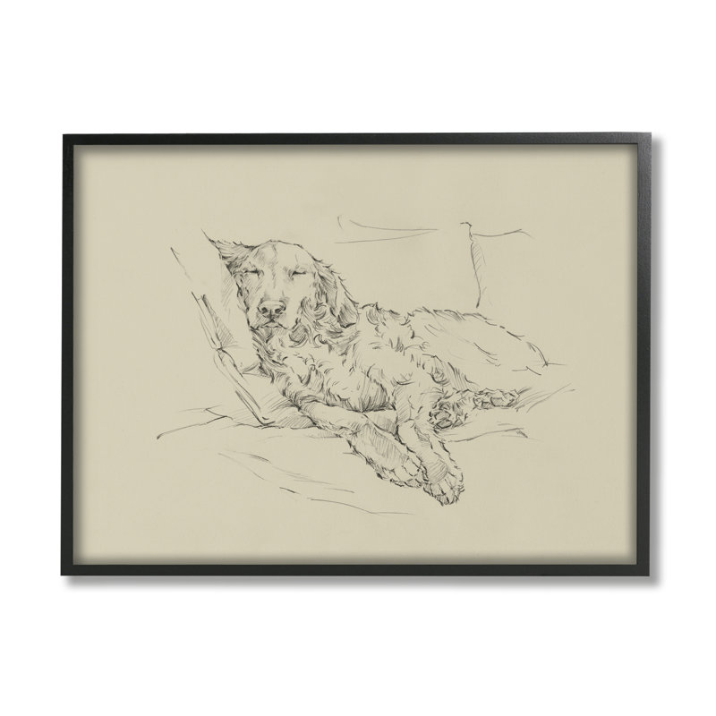 Croquis de chien monochromatique décontracté Fluffy Retriever, H 20 po x l 16 po, Cadre noir