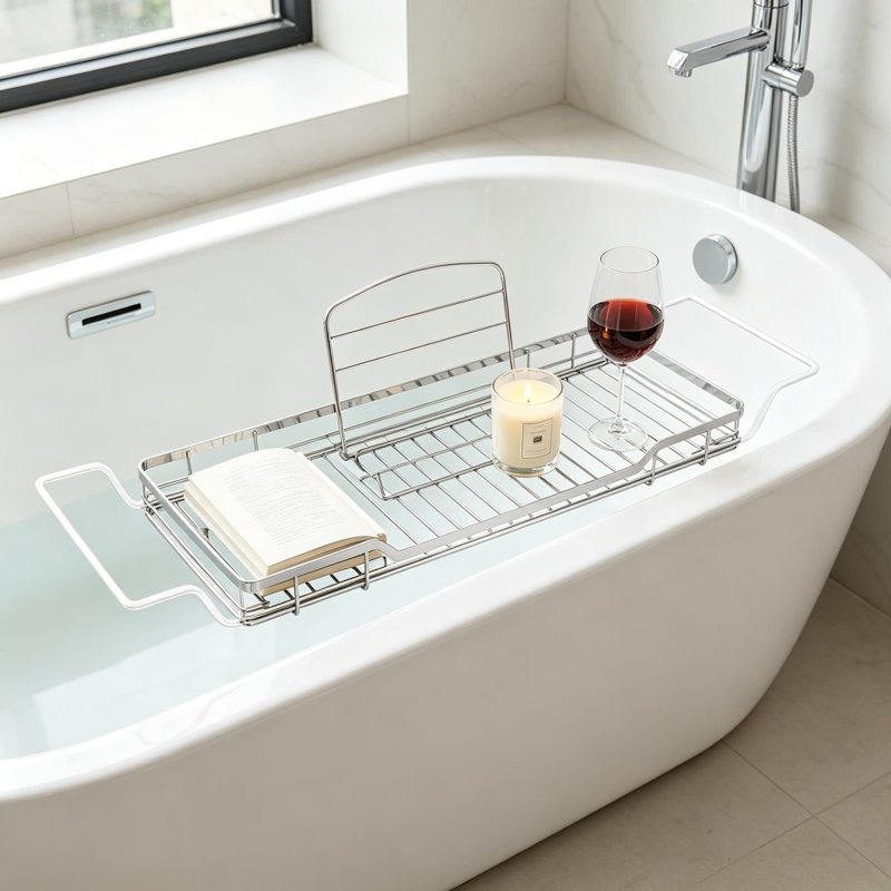 Plateau de baignoire réglable, organisateur de salle de bain en acier inoxydable 304, support de baignoire multifonctionnel avec support de lecture extensible pour tablette ou téléphone portable
