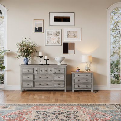 2 Piece Bedroom Dresser Set - 9 Drawer Dresser And 26.7''w 3-drawer Nightstand With Charging Station ,gray Wash