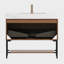 Meuble-lavabo de salle de bain 36 po Yolan, armoire de rangement autoportante en contreplaqué rayé avec tiroir et tablette ouverte, plateau en pierre frittée blanc de Carrare et lavabo en céramique encastré, pré-assemblé, grain de bois noyer foncé-118013285