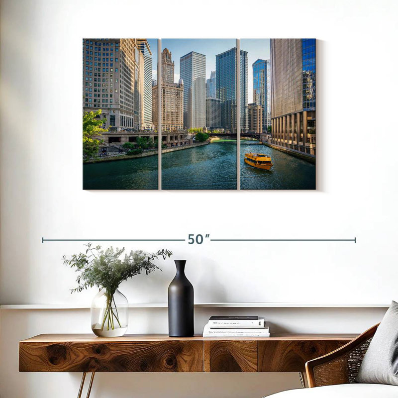 Bateau sur la rivière Sireci, Chicago, H 24 po x l 38 po