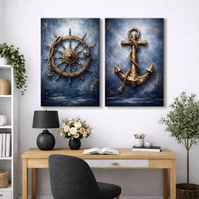Nautical Ship Wheel and Anchor Artwork, Coastal Living Room Pictures, Framed Canvas Giclee Print 2 Pieces Wall Art