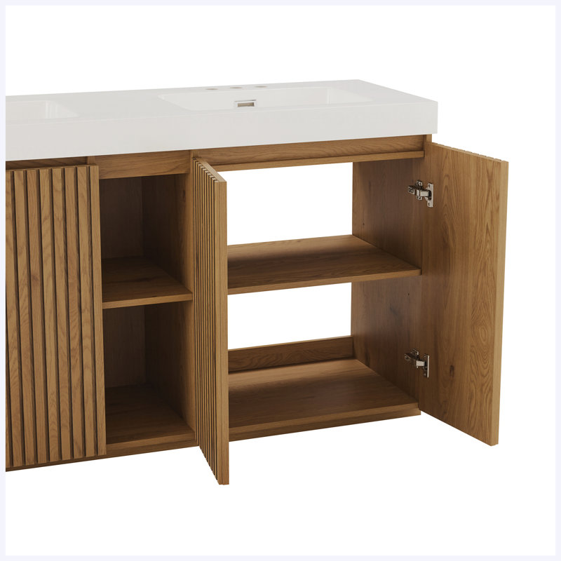 Meuble-lavabo autoportant en chêne noueux 60 po avec 3 trous de robinet, grand meuble-lavabo moderne avec lavabo double blanc (KD)