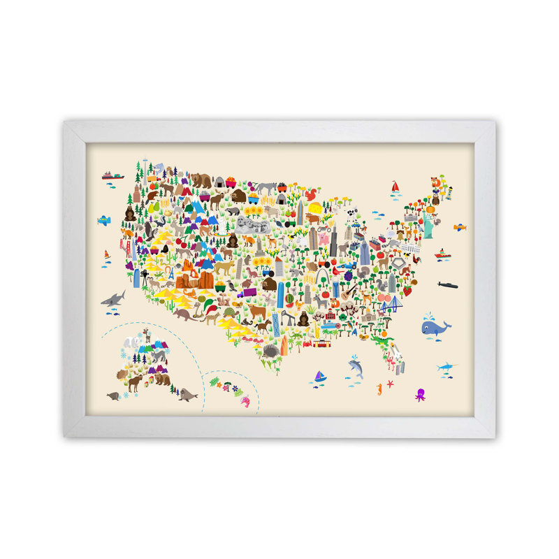 Animal Map Of United States by Michael Tompsett - Print, 34cm H x 46cm W x 3cm D, White Framed