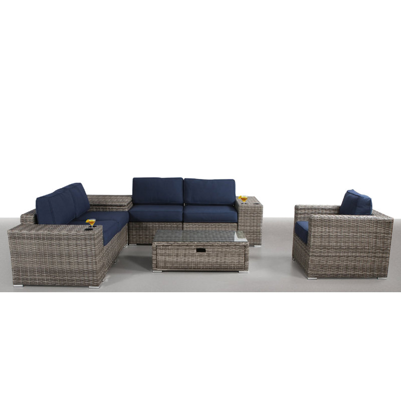 Demarest Wicker Fully Assembled 5 - Person Seating Group with Sunbrella Cushions, Sunbrella Navy Blue