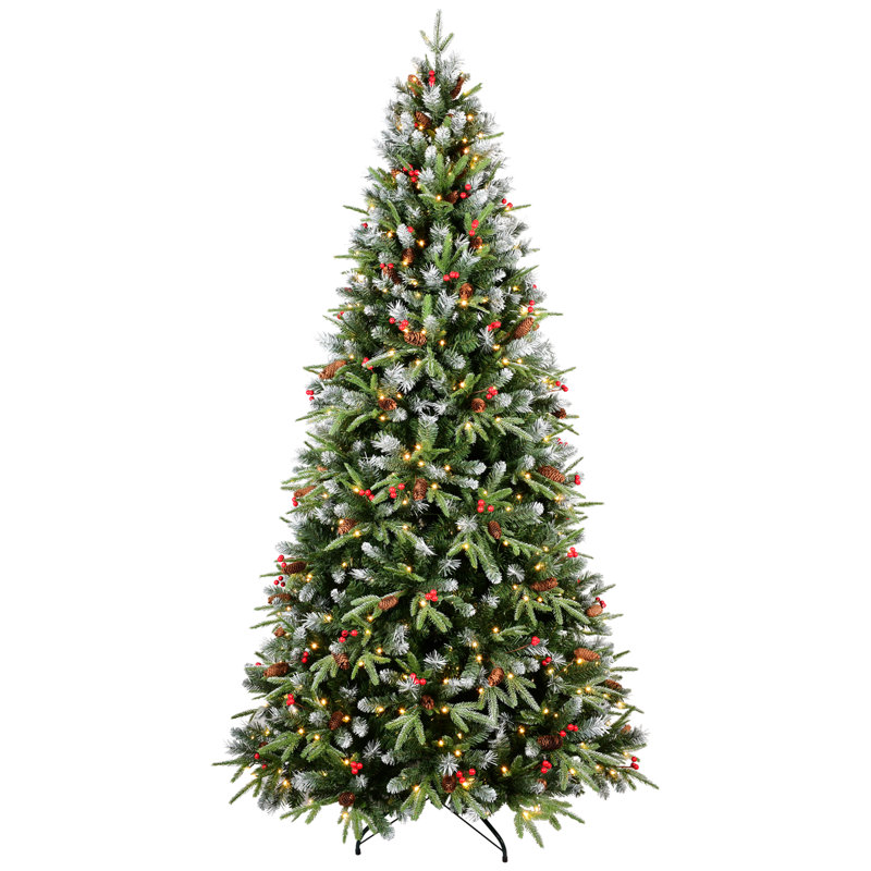 Arbre de Noël 7,5 pi avec branches enneigées, 500 lumières DEL blanc chaud, baies rouges, pin, conception à charnières pour une installation rapide de support en métal Pe + Stable