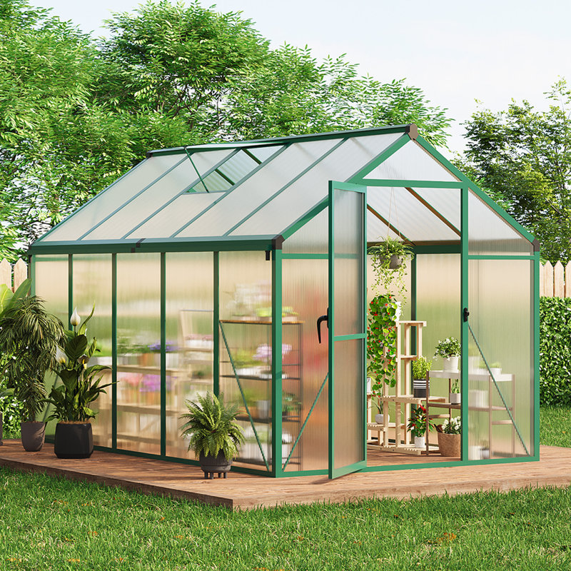 Greenhouse for Outdoor with Door, Green House with Polycarbonate Panel & Adjustable Roof Vent & Ground Nails, Green