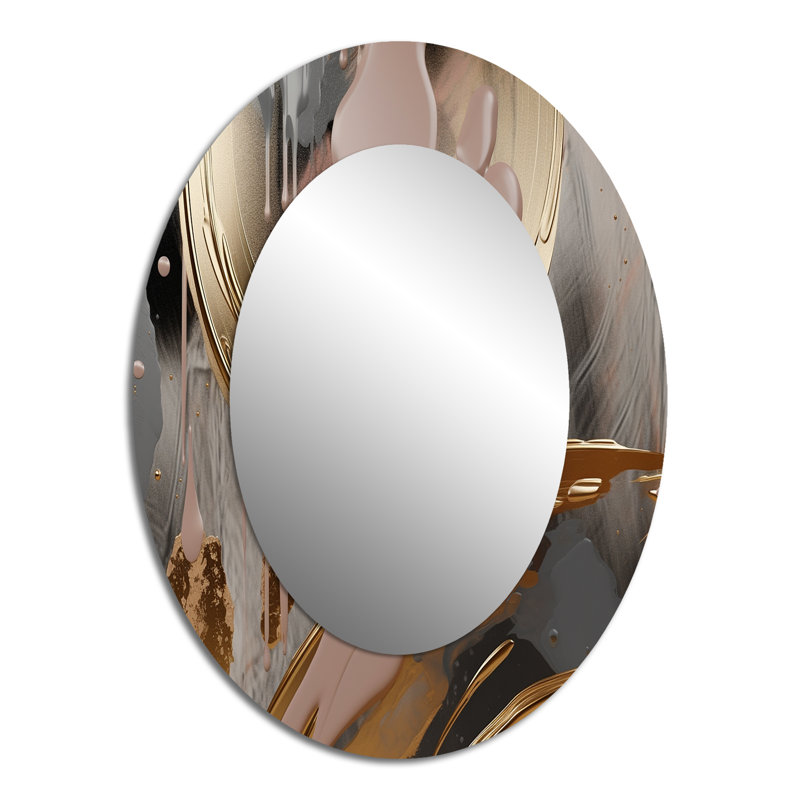 Abstract Golden And Pink Infinity Circles IV - Large Oval Wall Mirror On Metal, 40" x 30"