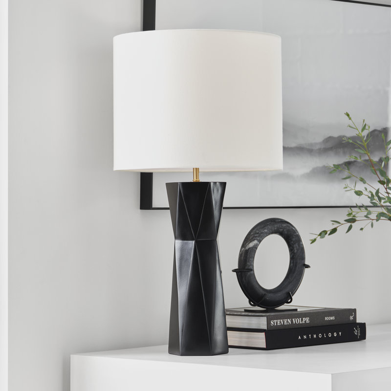 Gloss Black Resin Table Lamp with White Linen Shade