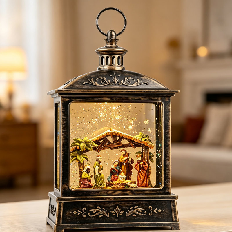 Musical Nativity Christmas Snow Globe Lantern with Swirling Glitter
