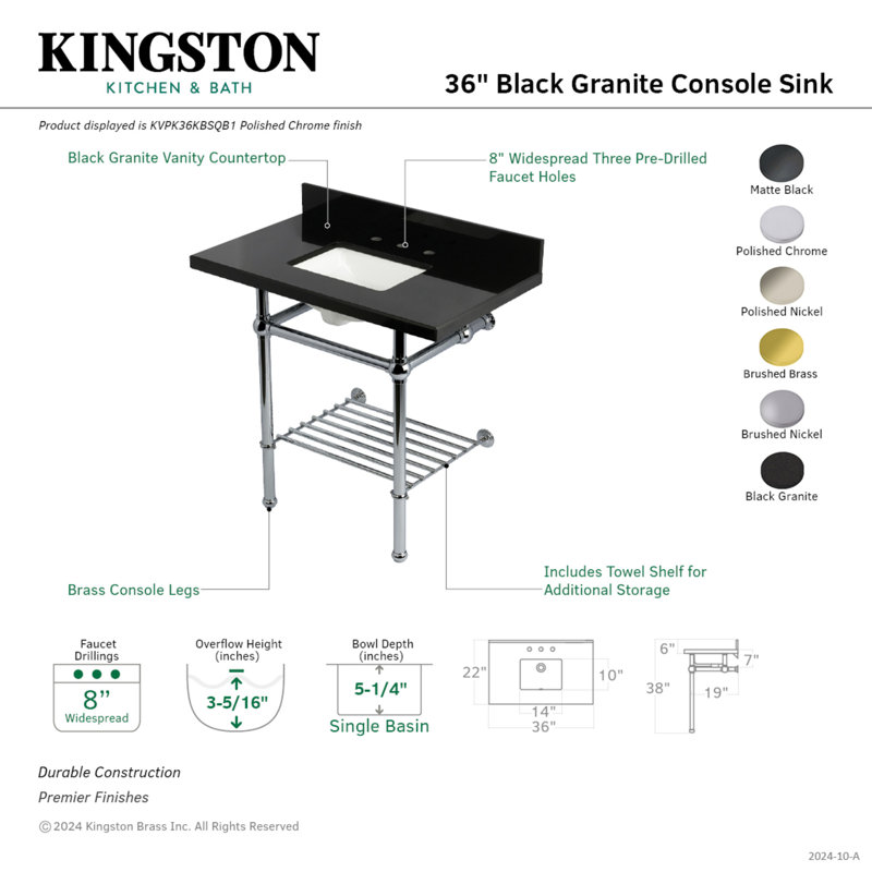 Kingston Brass Templeton 36-Inch Black Granite Console Sink with Brass Legs and Shelf (8-Inch, 3-Hole)