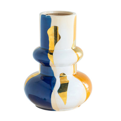 7.3X7.3X9.8" Bulbous Ceramic Vase With Abstract Multicolored Finish