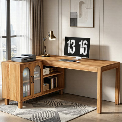 59" L-Shaped Executive Desk, Corner Computer Desk With Storage Cabinet & Shelves For Home Office
