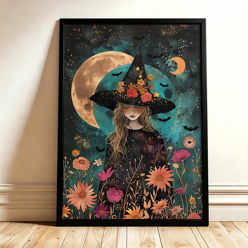 Sorcière d'Halloween avec chapeau fleuri et chauves-souris la nuit, tableau sur toile encadré, cadre noir, 50 x 75 cm, 20x30