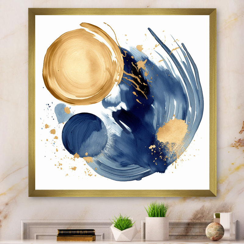 «Dark Blue & Gold Abstract Circle Texture II», reproduction sur toile, Cadre doré à une seule photo