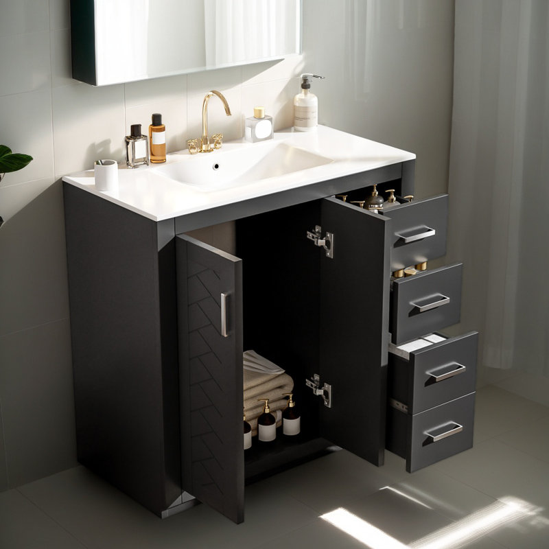 Meuble-lavabo 36 po avec lavabo en céramique, meuble-lavabo autoportant avec 3 tiroirs et 2 portes, portes à fermeture douce