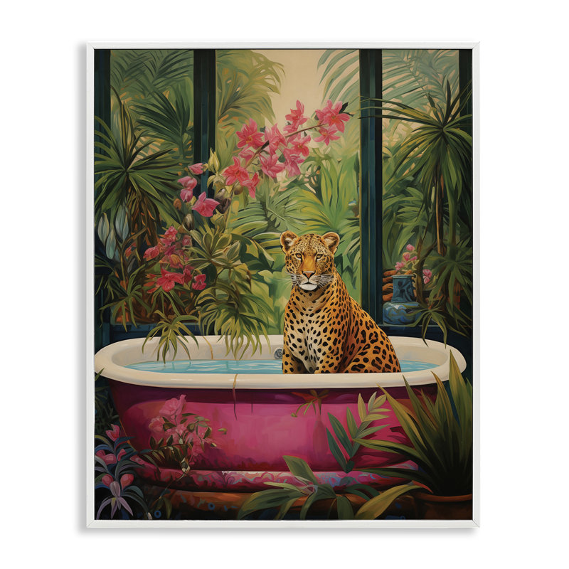 Léopard dans une baignoire tropicale luxuriante, estampe numérique, design par Heidi Kuntz, H 14 po x l 11 po