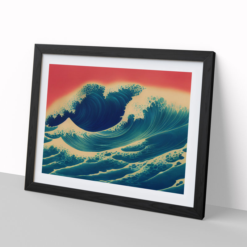 Japanese Wave Sunset - Single Picture Frame Print, 46cm H x 64cm W x 2cm D, Black