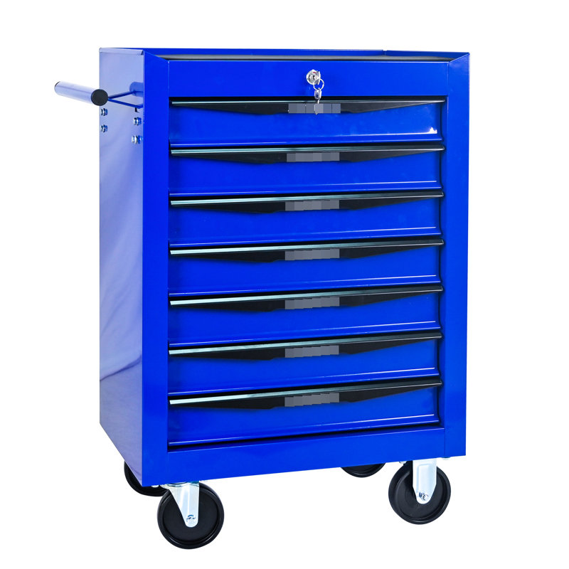 Coffre à outils 20 po à 7 roulettes, chariot en acier avec glissières de tiroir à roulement, noir et bleu, verrouillage par clé, 4 roues universelles pour mécanisme de verrouillage de configuration d'atelier