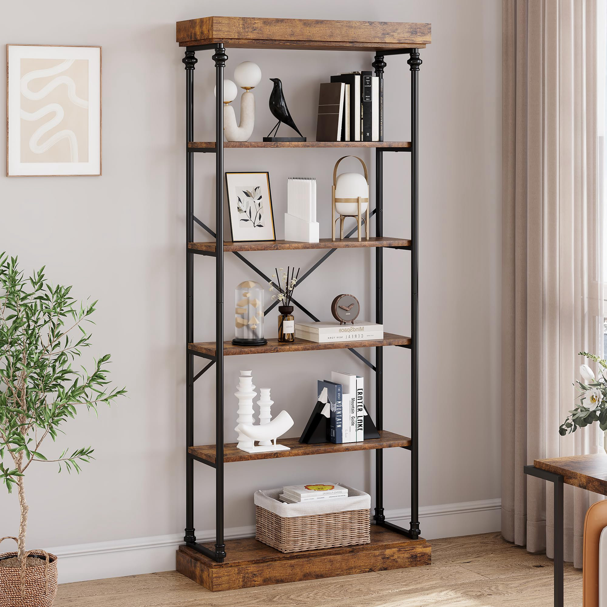 17 Stories Oscer Bookshelf Industrial 5 Tier Etagere Bookcase Bookshelves  for Living Room, Bedroom & Reviews