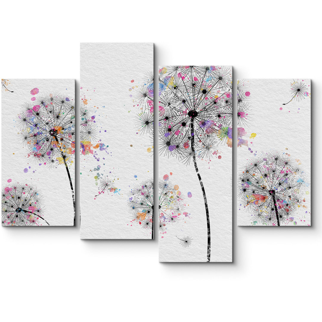 Dandelion " Multicolor Rainbow Dandelions Floral And Botanical Plants " 4 - Pieces IDEA4WALL