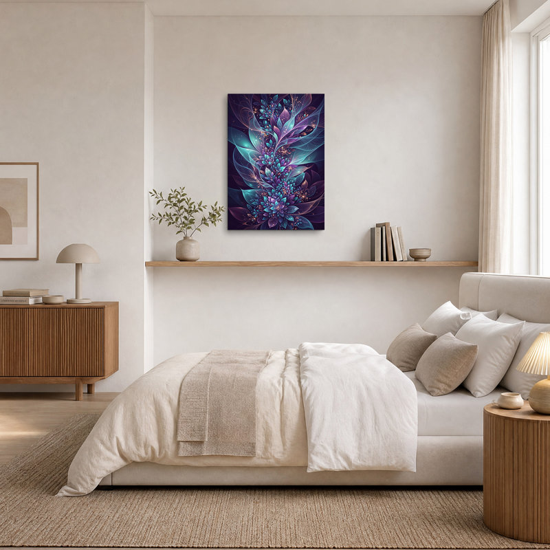 Toile murale florale fractale lumineuse turquoise et violette, H 48 po x l 32 po