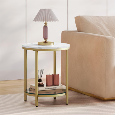 Round Faux Marble End Table with Glass Shelf
