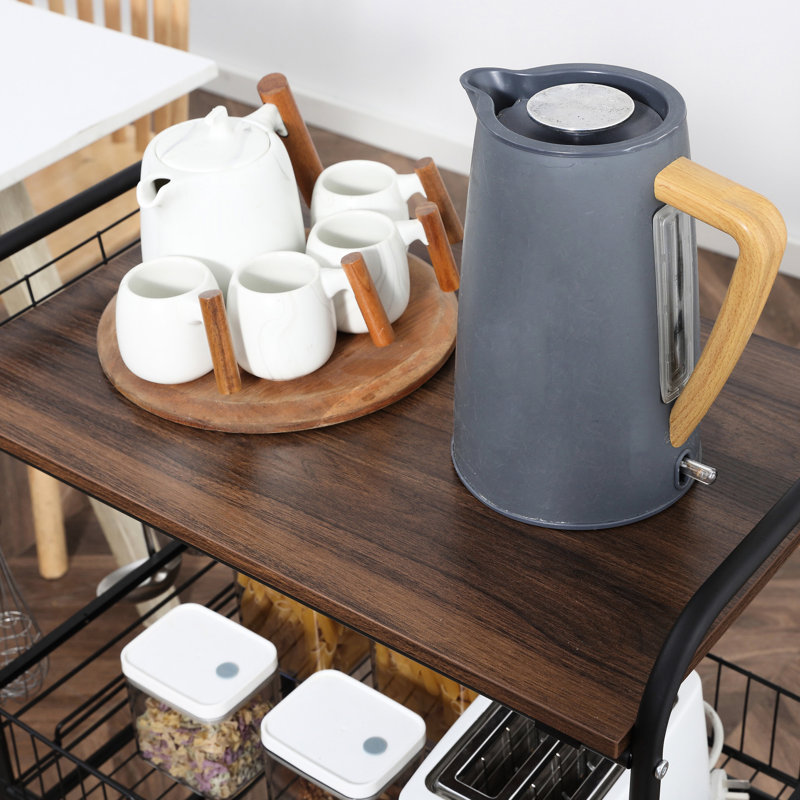 Chariot de cuisine en noyer à 3 niveaux avec 2 crochets coulissants et latéraux, compact pour un rangement efficace