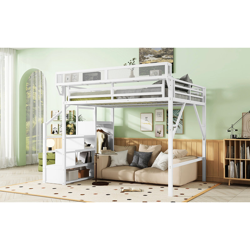 Lit mezzanine en métal avec escalier, rangement et garde-robe encastré en métal, blanc, conception stable, capacité de poids de 400 lb, sous la surface de 54,3 po pour les petites chambres de grande taille, support de tablettes, espace polyvalent