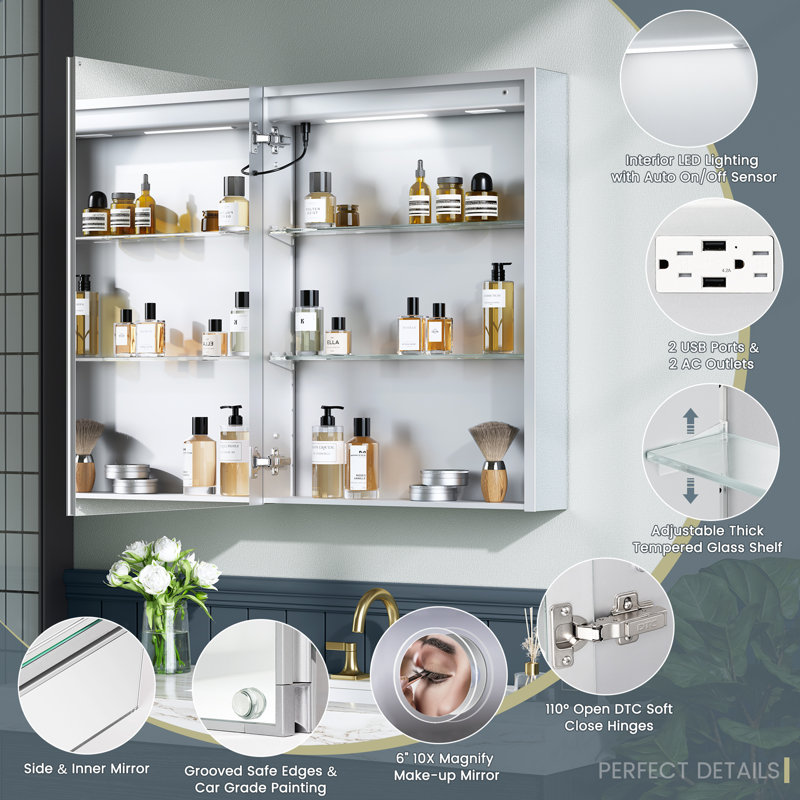 Recessed or Surface LED Mirror Medicine Cabinet, Defogger, Touch Sensor, Dimmer, Outlets and USBs, 30" H x 24" W x 5.47" D