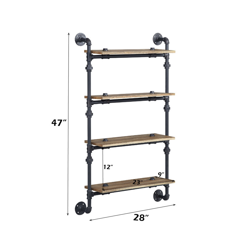 Support mural à 4 niveaux à structure en métal avec conduites d'eau, finition chêne et noir sablé, tablettes en placage de l 23 po x l 9 po, séparation de 12 po, poids de 10 lb par tablette, style, placage, grand espacement