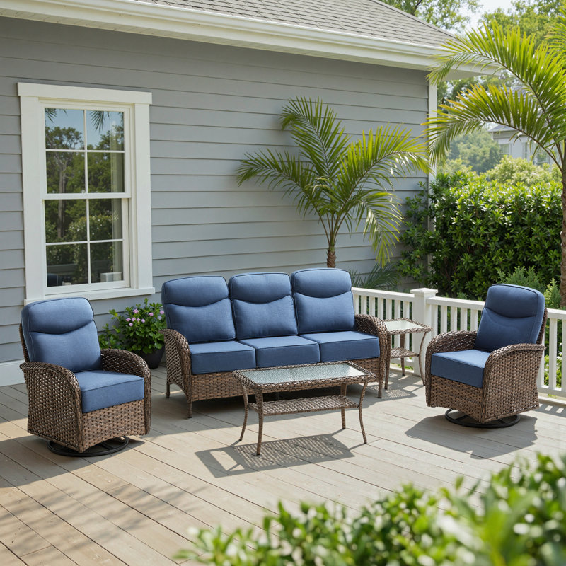 Alakai 5-Person Outdoor Garden Wicker Crescent High Backrest Conversation Set With Coffee Table, Blue